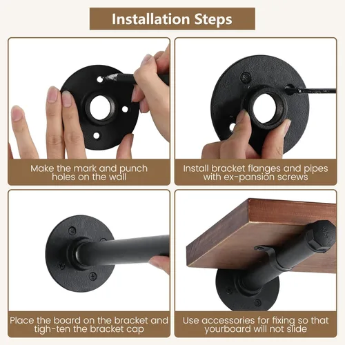 Vista 5 de Soportes industriales de tubo de hierro negro para estantes de montaje en pared, soportes para estanterías de bricolaje, decoración de tubería