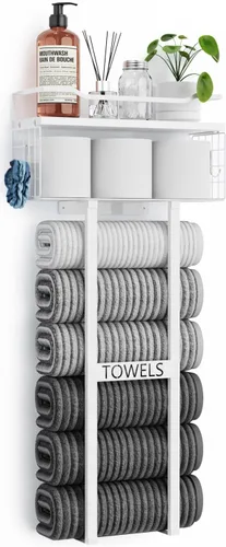 Vista 10 de Aetyord Toallero para Baño de 31 Pulgadas Montado en Pared, Estante Flotante con Tablero de Madera, Almacenamiento de Toallas para Baño que Puede