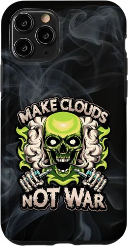 Vista 10 de iPhone 15 Make Clouds Not War Vaping Green Skull Vape Mod Caso
