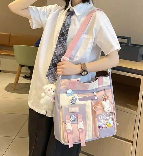 Vista 7 de Bolso bandolera estético con pines Kawaii y colgante para mujer, lindo bolso cruzado de hombro, bolso casual