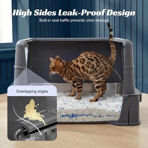Vista 7 de Caja de arena cerrada de acero inoxidable para gatos con tapa y alfombra, caja de arena extra grande para gatos con cajón, caja de metal para gatos