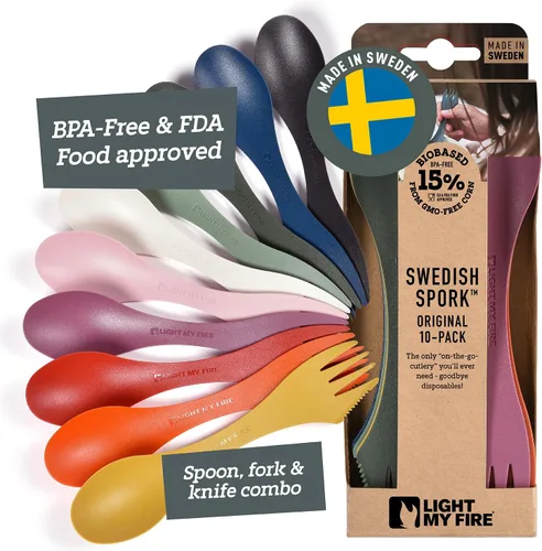 Vista 9 de Light My Fire Spork Original Paquete de 4 - Combinación 3 en 1 de Cuchara Tenedor Cuchillo para Acampar, Utensilios Reutilizables de Viaje