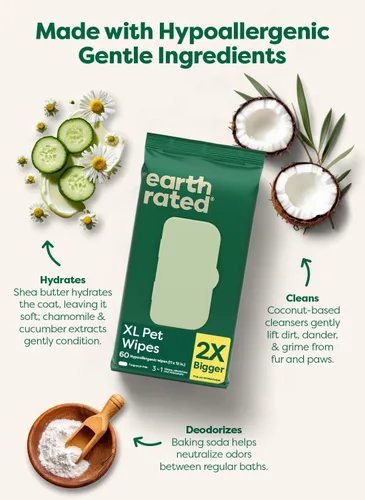 Vista 2 de Earth Rated XL - Toallitas para mascotas para perros y gatos, limpieza hipoalergénica y sin perfume de 3 en 1, desodorizante e hidratante extra