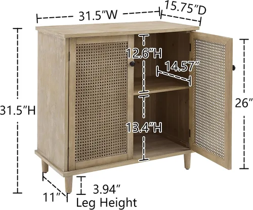 Vista 2 de Volans Armario de almacenamiento Accent con puertas de mimbre de ratán tejido, aparador para entrada, pasillo o sala de estar, chapa de madera