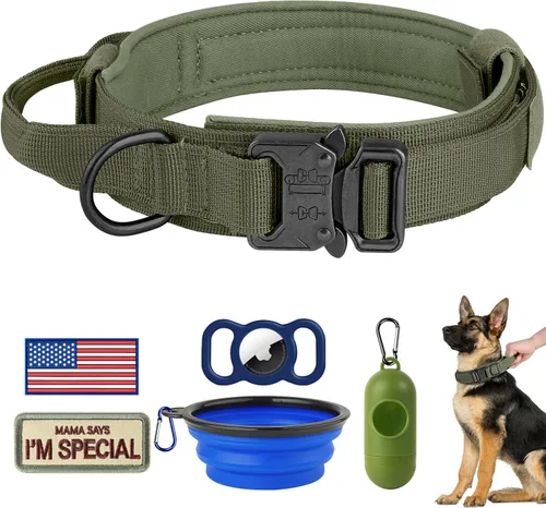 Vista 13 de HYDEME Collar táctico ajustable para perro, collar de nailon de entrenamiento militar con mango de control y hebilla de metal pesado para perros