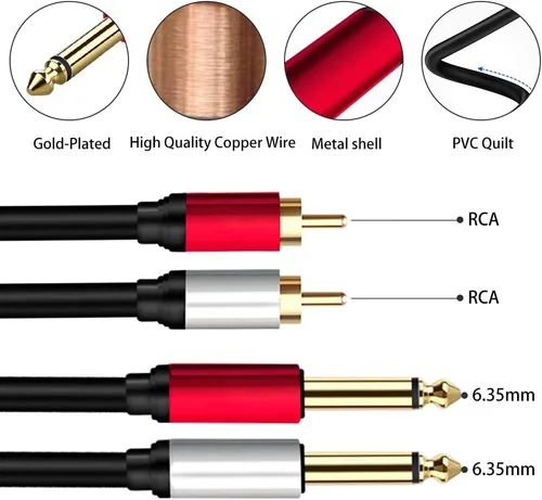 Vista 3 de 2 cables de 0.250 in a 2RCA, doble conector estéreo TS macho de 1/4 pulgadas a 2 RCA macho adaptador divisor de cable de audio estéreo