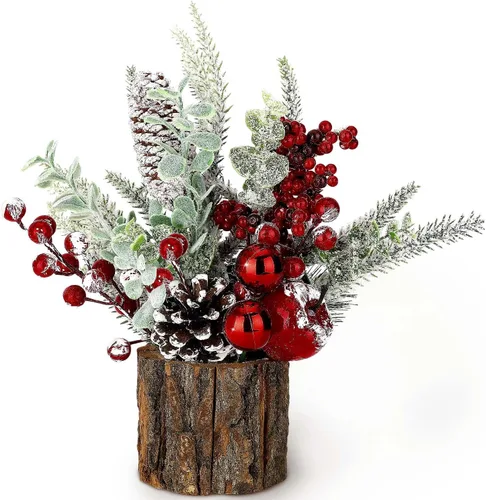 Vista 10 de Pequeño árbol de Navidad de mesa artificial, mini decoraciones de árbol de Navidad con adornos navideños, bayas rojas, piñas, vegetación para hogar