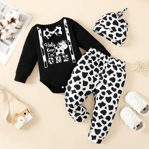Vista 2 de Traje de primer cumpleaños para niño, traje de primer cumpleaños para bebé niño, disfraz de vaca sagrada con texto en inglés "I'm One