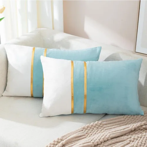 Vista 31 de ZLINA Juego de 2 fundas de almohada decorativas de terciopelo verde aguamarina y blanco con parches y cuero dorado de 16 × 16 pulgadas, fundas