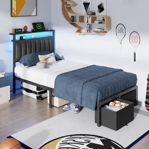 Vista 8 de Furnulem Bases de Cama Individual con Estación de Carga y Luces LED, Cabecero Tapizado Gris con Estantes, Cama de Plataforma de Metal con 2