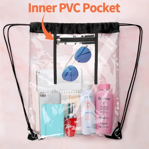 Vista 6 de NATURAL STYLE Paquete de 2 bolsas transparentes con cordón aprobadas para estadios, bolsas transparentes de PVC con cordón, mochila transparente