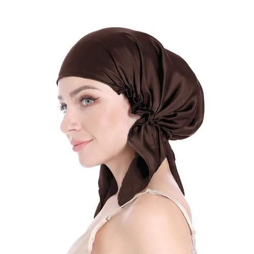 Vista 15 de SissiLita Gorro de seda 100% para dormir, gorro de seda grande con banda de amarre para el cuidado del cabello rizado (azul)