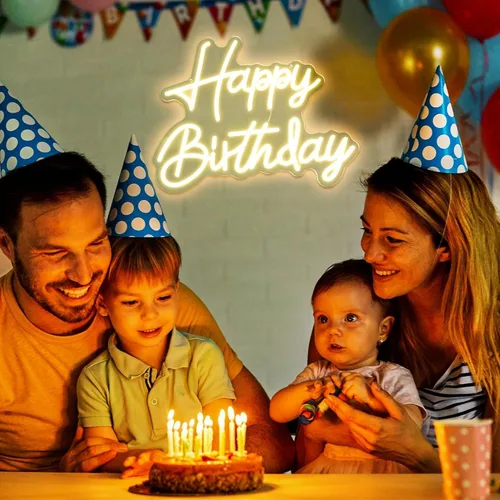 Vista 6 de Letrero de neón de feliz cumpleaños, luz regulable, funciona con USB, lindo letrero de neón blanco cálido para colgar en la pared de fondo