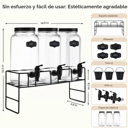 Vista 7 de Dispensador de Detergente Líquido para Ropa, Tres Botellas de Dispensador de Detergente para Ropa de Vidrio de 2.2L para Detergente Líquido