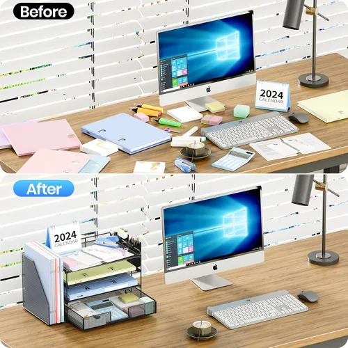 Vista 2 de OPNICE - Organizadores de escritorio y accesorios, para espacio de trabajo, suministros de oficina, organizador de archivos con 2 soportes para Negro