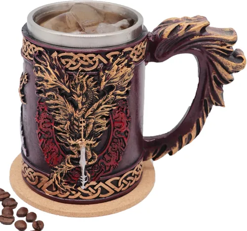 Vista 9 de Jarra de barril de madera Stein Tankard, Taza de acero inoxidable con asa, decoración nórdica vikinga mitológica poética gótica para fiestas