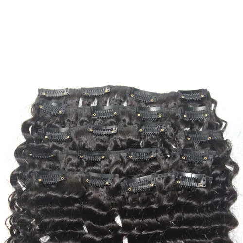 Vista 2 de Extensiones de cabello ondulado rizado con clip de 100 piezas de cabello humano Remy #1B, negro natural, 16 pulgadas, 4.23 oz, 8 piezas de cabello