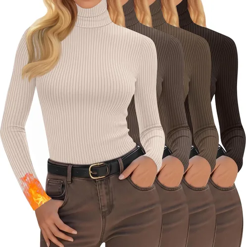 Vista 22 de Oakgarden Paquete de 4 camisetas térmicas de cuello alto para mujer, de manga larga, acanaladas, de algodón, ajustadas, capa base, ropa