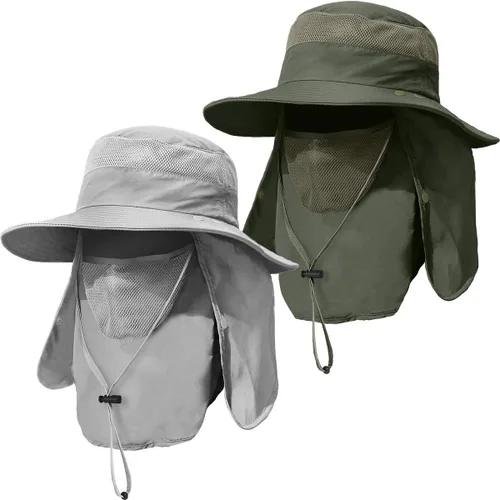 Vista 11 de Sombrero de pesca de ala ancha para hombre, 2 piezas, protección solar UPF 50+, extraíble, solapa para cara y cuello