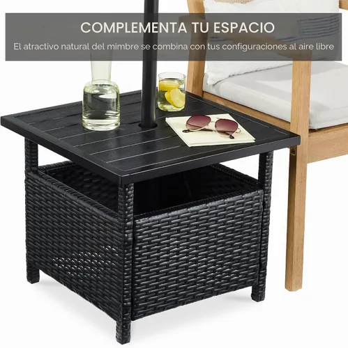 Vista 6 de Best Choice Products Mesa auxiliar de mimbre con agujero para paraguas, mesa auxiliar cuadrada de ratán de polietileno para patio, jardín, piscina