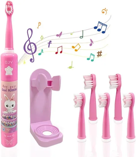 Vista 12 de OJV 8620 Cepillos de dientes eléctricos musicales para niños, 3 modos de temporizador de 2 minutos, 6 cerdas recargables de energía inteligente, Azul