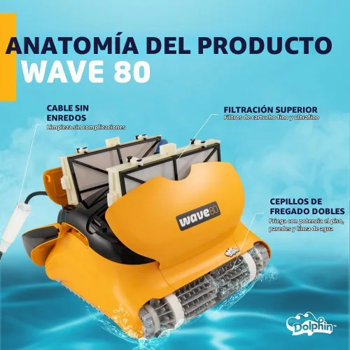 Vista 9 de Dolphin Wave 80 Aspiradora Robótica Automática para Piscinas Incluye Control Remoto y Carrito, Cepillo Limpiador de Línea de Flotación, Ideal