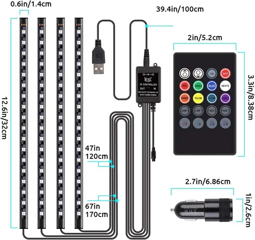 Vista 4 de Luces LED para interior de coche, tiras decorativas, atmósfera, ambiente, kits de iluminación