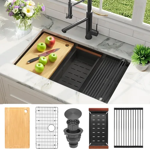 Vista 11 de MILOSEN Fregadero de cocina bajo encimera, fregadero de estación de trabajo de acero inoxidable negro metálico de 30×18 pulgadas, fregaderos