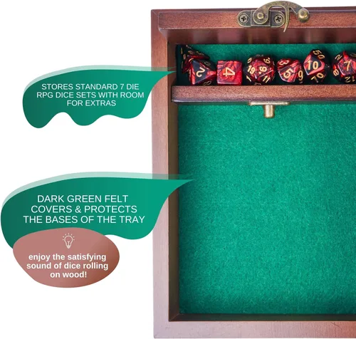 Vista 3 de Bandeja rodante de madera para dados D&D con bóveda de almacenamiento de dados Pestillo de metal asegura la tapa para viajes Regalo perfecto