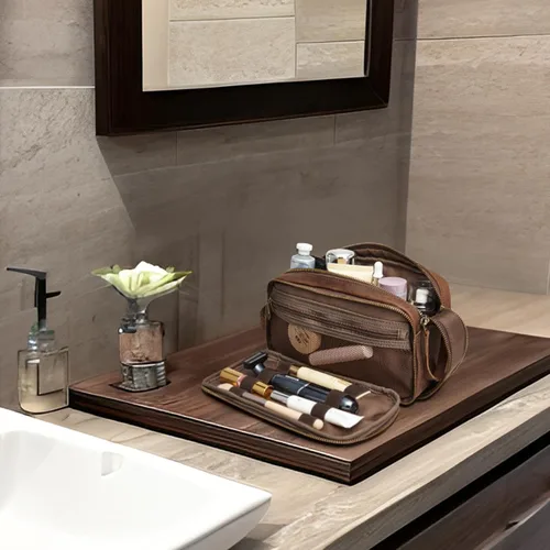 Vista 2 de S-ZONE - Neceser de viaje de cuero para hombres y mujeres, bolsas de afeitar cosméticas Marrón oscuro