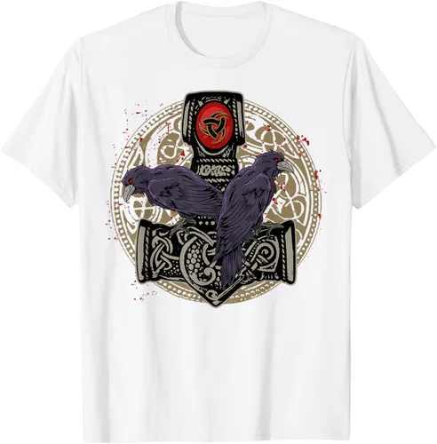 Vista 52 de Thors Hammer Mjolnir Huginn and Muninn Odin Raven - Camiseta, Negro, S