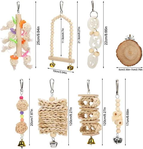 Vista 9 de 8 Packs Bird Parrots Hanging Swing Cage Toys Natural Wood Climbing Chewing Set for Pet Bird Exercise and Rest
