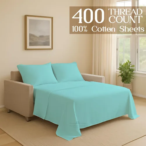 Vista 2 de Juego de sábanas para sofá cama, 100% algodón de 400 hilos, juego de 4 piezas, sábana ajustada con bolsillo profundo, suave, sin arrugas