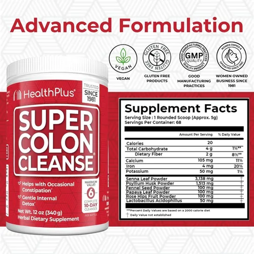 Vista 2 de Health Plus Super Colon Cleanse, polvo de 12 onzas, 68 porciones, desintoxicación natural, alivio del estreñimiento digestivo, limpieza intestinal
