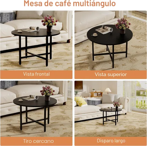 Vista 4 de Mesa de Café FAMIDGE, Mesas de Café de 23.6" para Sala de Estar, Mesa de Café Redonda con Marco de Metal, Mesa de Piso para Sentarse en el Suelo