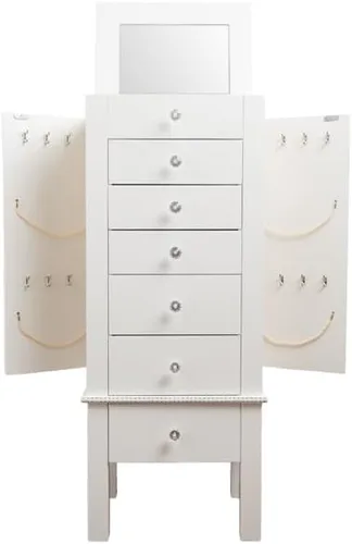 Vista 2 de Hives and Honey Kimberly Jewelry Armoire - Organizador de almacenamiento blanco moderno con cajones divididos y ganchos para collares, diseño