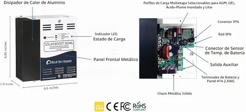 Vista 2 de Solar Boost SB3024iL MPPT Controlador de carga 40A/30A, batería de 12V/24V. Salida auxiliar para carga de batería dual o salida de carga LVD de 20 A