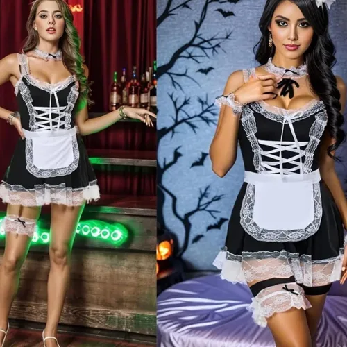 Vista 2 de JasmyGirls Lencería sexy de sirvienta para mujer, traje de sirvienta francesa, disfraz de anime, juego de rol, delantal travieso