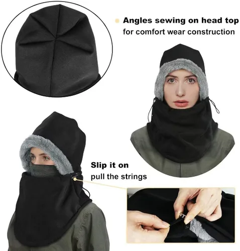 Vista 5 de Balaclava Ski Mask, Face Mask Winter Balaclavas Hoodie Bandana for Men Women,Waterproof Windproof Heavy Fleece Neck Warmer Hat Skiing Hunting Black