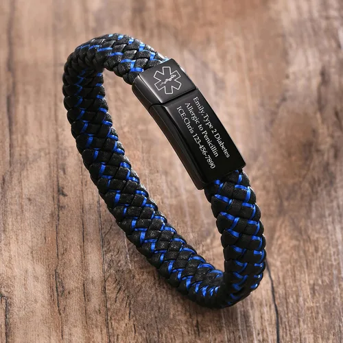 Vista 5 de VNOX Pulsera médica para hombres Pulsera de cuero genuino de acero inoxidable con alerta médica para hombres y mujeres, 8.3 pulgadas