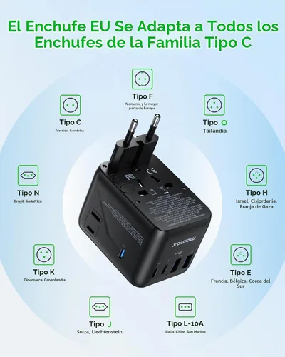 Vista 6 de MOMAX 70W Adaptador de viaje universal 7 en 1 GaN Adaptador de corriente internacional Negro