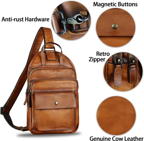 Vista 6 de Bolso bandolera de cuero genuino para hombres y mujeres, estilo vintage, de cuero real, a la moda, mochila bandolera para el hombro, bolso cruzado