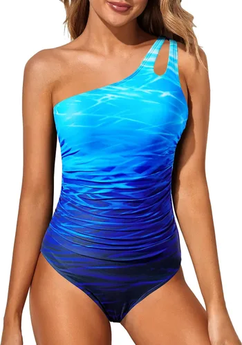 Vista 21 de Women's One Shoulder One Piece Tummy Control Swimsuit Full Coverage Diseño de ojo de cerradura, ajuste de cobertura completa, estilo modesto Negro