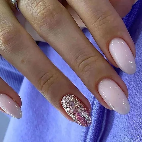 Vista 10 de Uñas postizas a presión medianas con punta francesa de almendra SWEKKE color rosa, cobertura completa, uñas postizas con pegamento rosa y purpurina