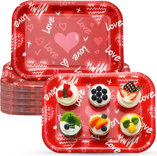 Vista 8 de Ziliny 24 platos de papel desechables con forma de corazón, bandejas rectangulares de 13 x 9 pulgadas, bandejas grandes para servir para bodas, Rosa