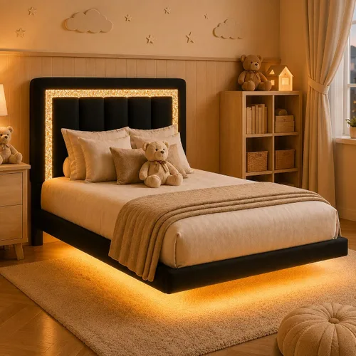 Vista 8 de HOMBCK Base de cama flotante individual con luces LED inteligentes, cama de plataforma tapizada de piel sintética con cabecera de diamante, no Negro