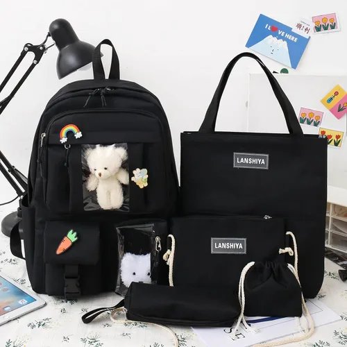 Vista 7 de Juego de 5 mochilas kawaii para niñas con bonitos accesorios de oso, suministros escolares, bolsas para bolígrafos, bolsa de hombro, 02-Negro