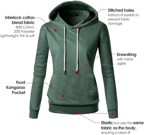 Vista 6 de GIVON - Sudadera ligera con capucha, manga larga y bolsillo frontal (XS 4XL) para mujer