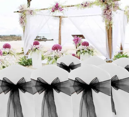 Vista 2 de Paquete de 50 bandas para sillas de organza negra, lazos para silla para decoración de fiestas, bodas, conferencias, sillas de gasa universales