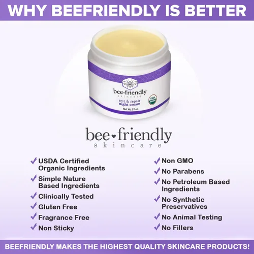 Vista 6 de La mejor crema de noche 100% todo natural y 80 % crema de noche orgánica por BeeFriendly, anti arrugas, anti envejecimiento, profundo hidratante